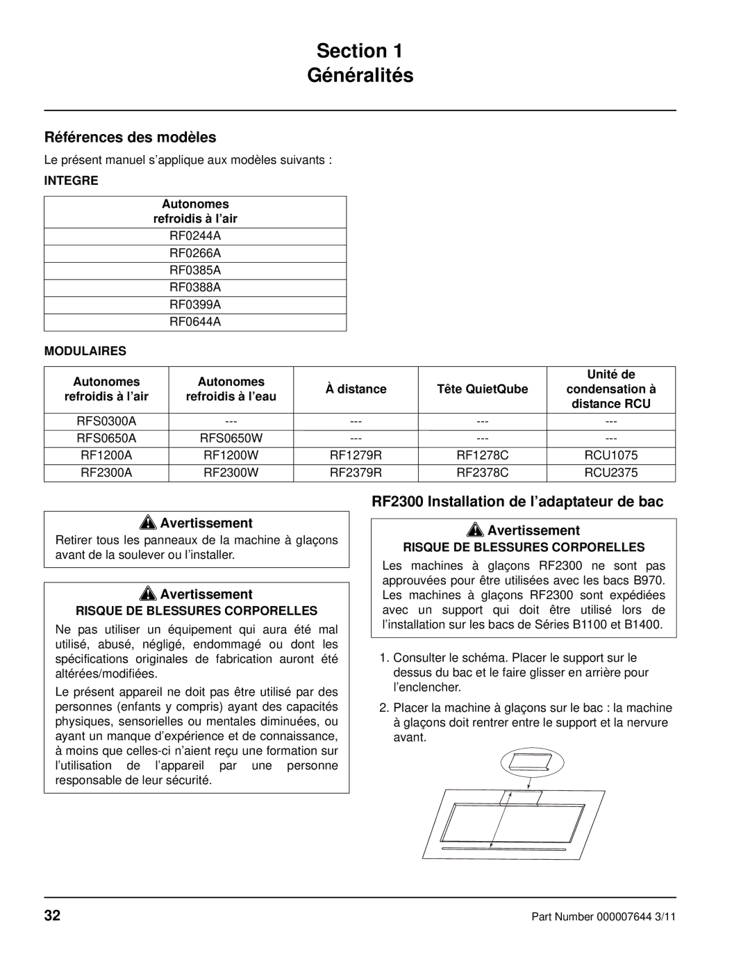 Manitowoc Ice manual Section Généralités, Références des modèles, RF2300 Installation de l’adaptateur de bac 