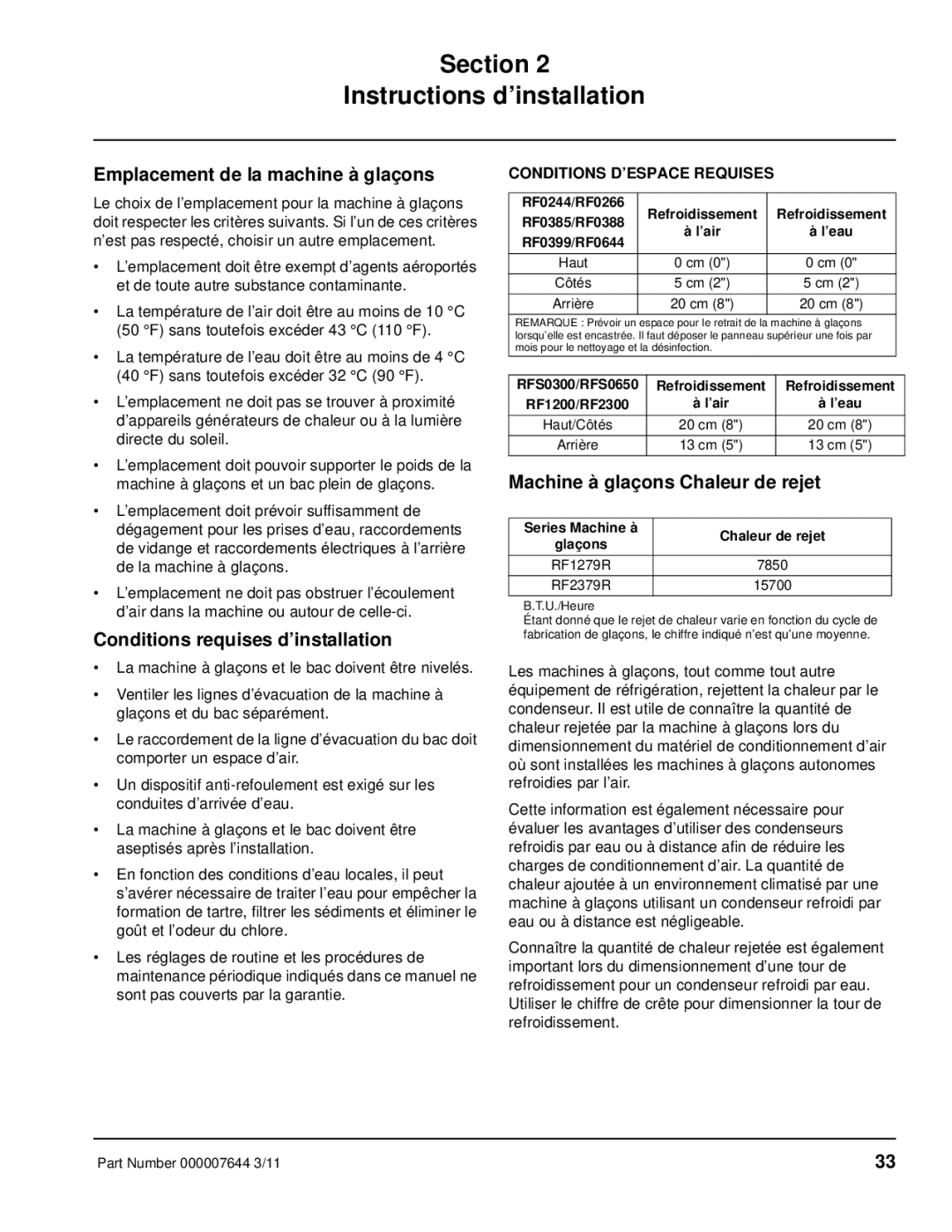 Manitowoc Ice RF Section Instructions d’installation, Emplacement de la machine à glaçons, Conditions D’ESPACE Requises 