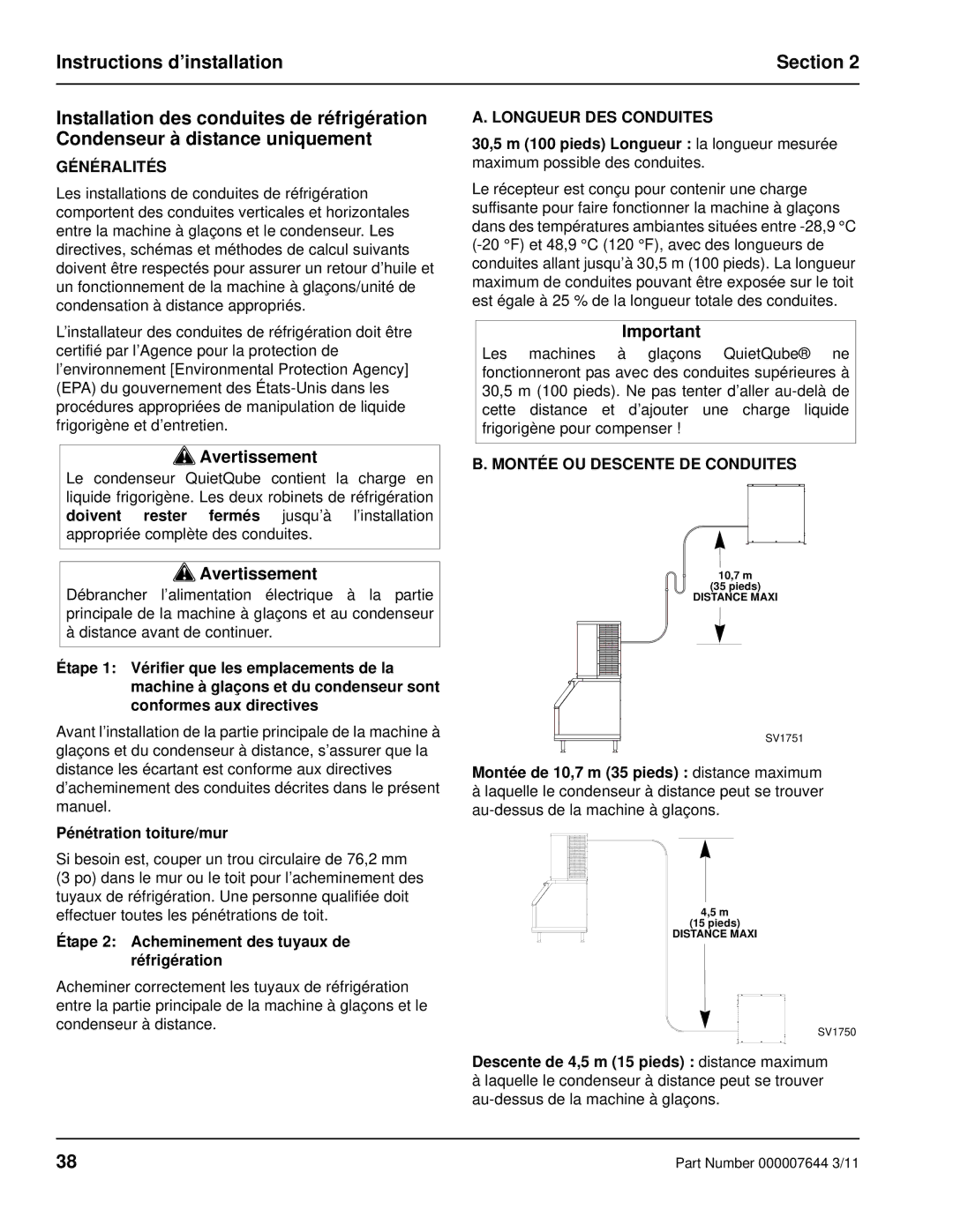 Manitowoc Ice RF manual Généralités, Longueur DES Conduites, Montée OU Descente DE Conduites 