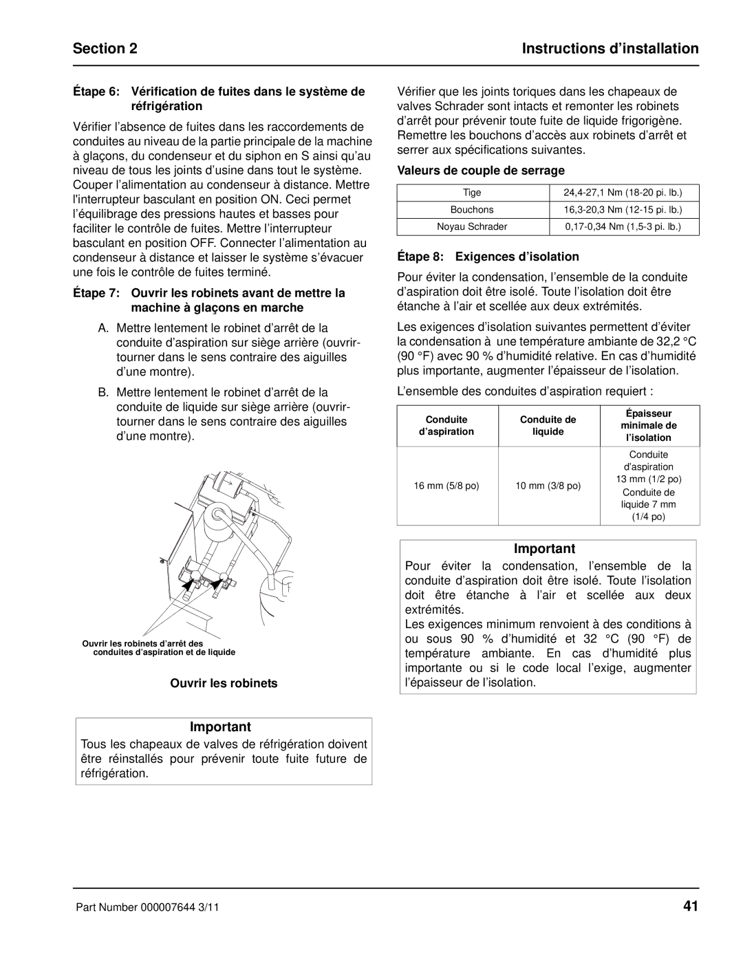 Manitowoc Ice RF manual Ouvrir les robinets, Valeurs de couple de serrage, Étape 8 Exigences d’isolation 