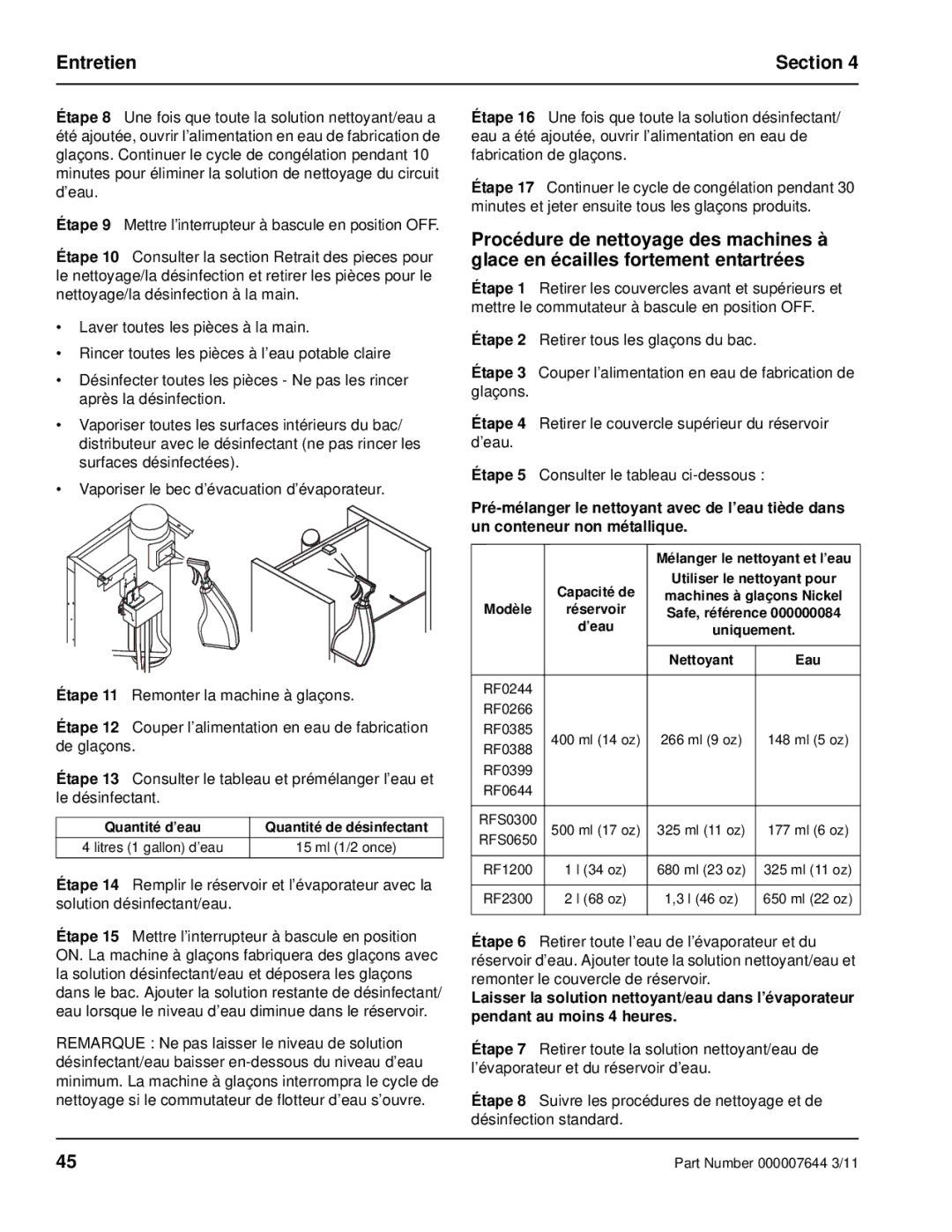 Manitowoc Ice RF manual Entretien Section, ’eau Uniquement Nettoyant Eau 