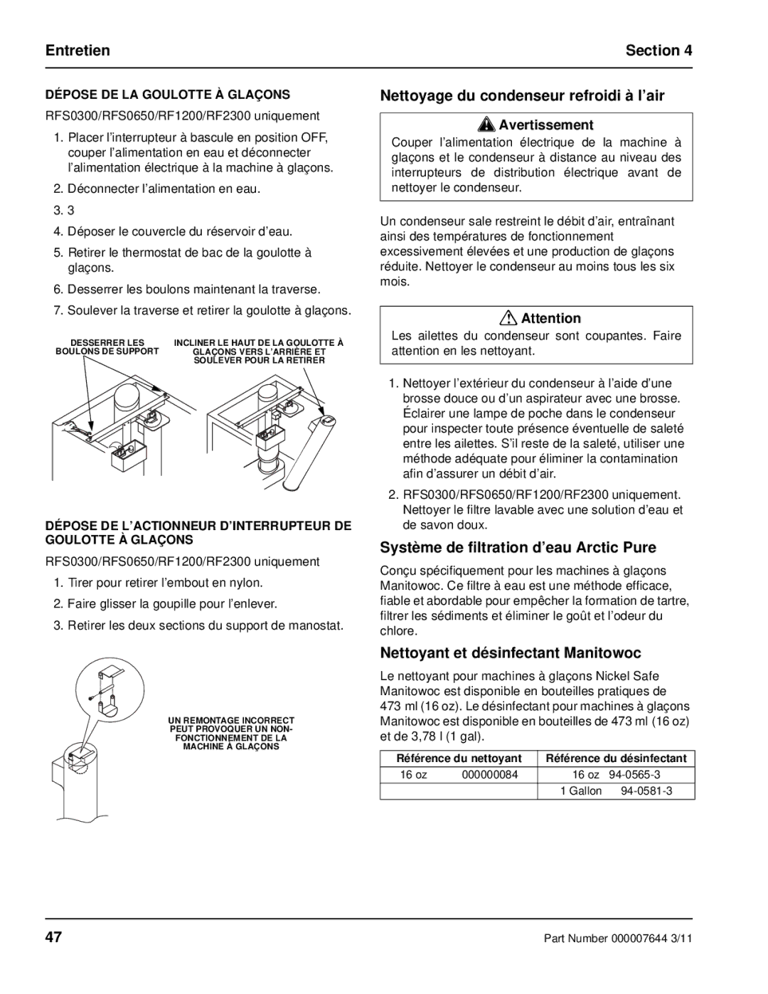 Manitowoc Ice RF manual Nettoyage du condenseur refroidi à l’air, Système de filtration d’eau Arctic Pure 