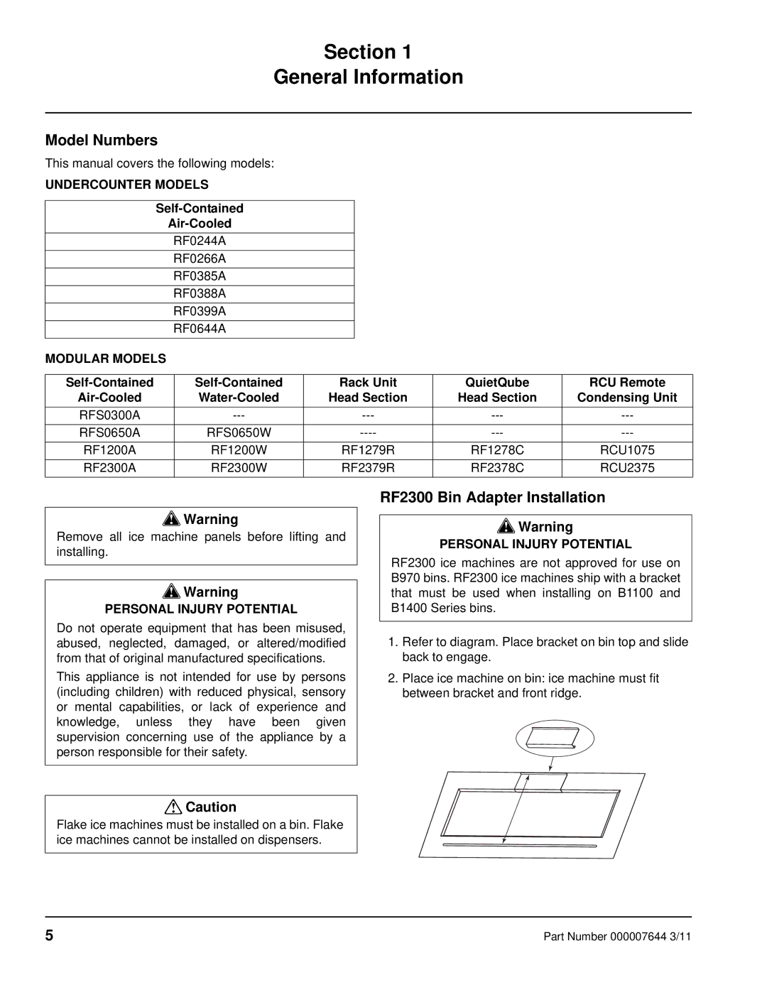 Manitowoc Ice manual Section General Information, Model Numbers, RF2300 Bin Adapter Installation 