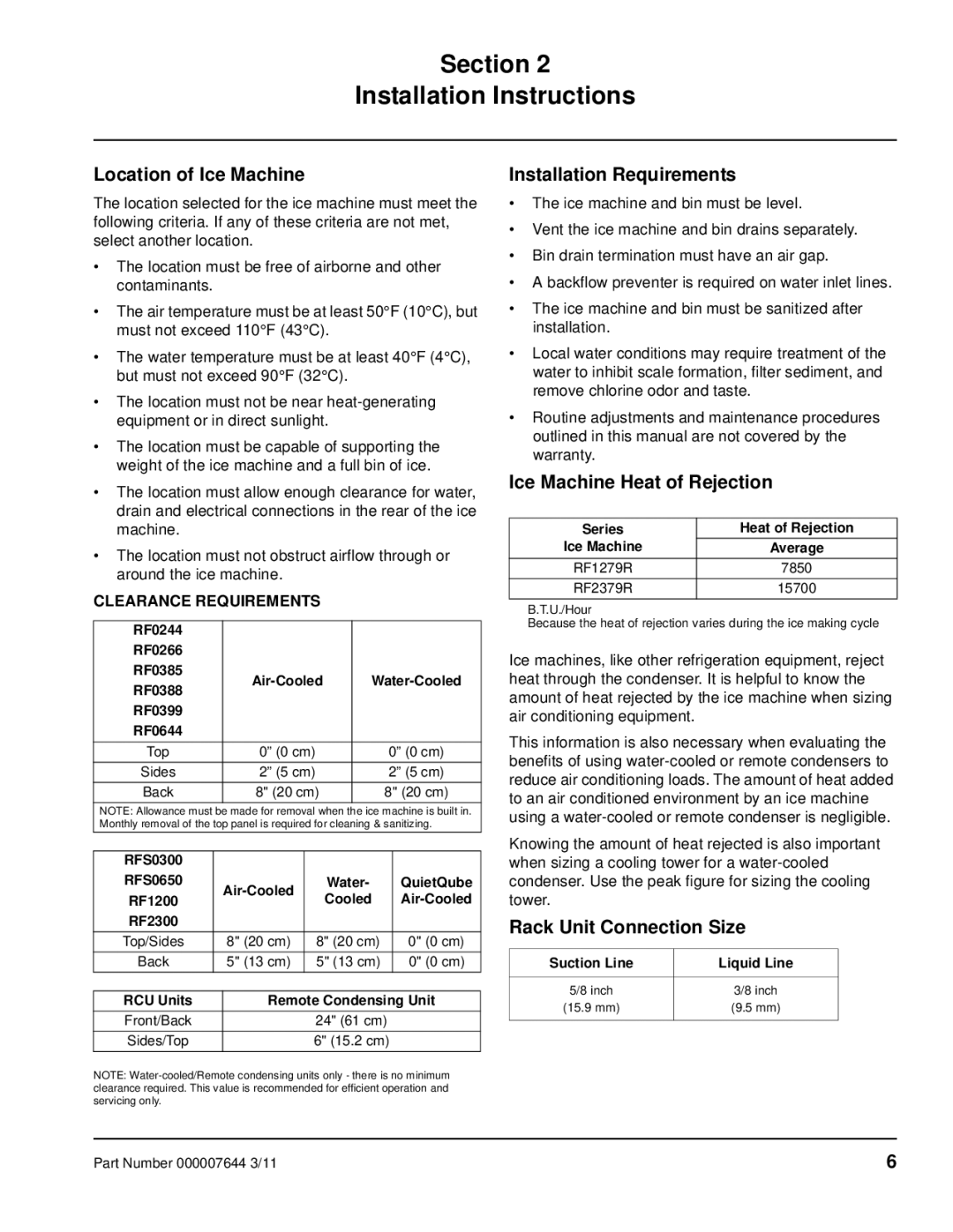 Manitowoc Ice RF manual Section Installation Instructions, Location of Ice Machine, Installation Requirements 