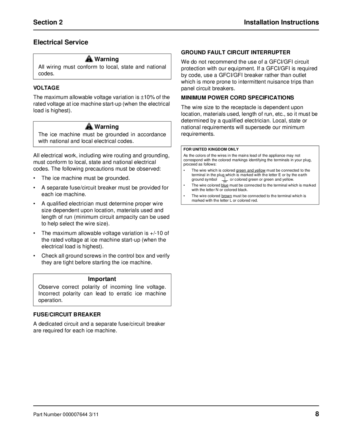 Manitowoc Ice RF manual Section Installation Instructions Electrical Service, Voltage, FUSE/CIRCUIT Breaker 