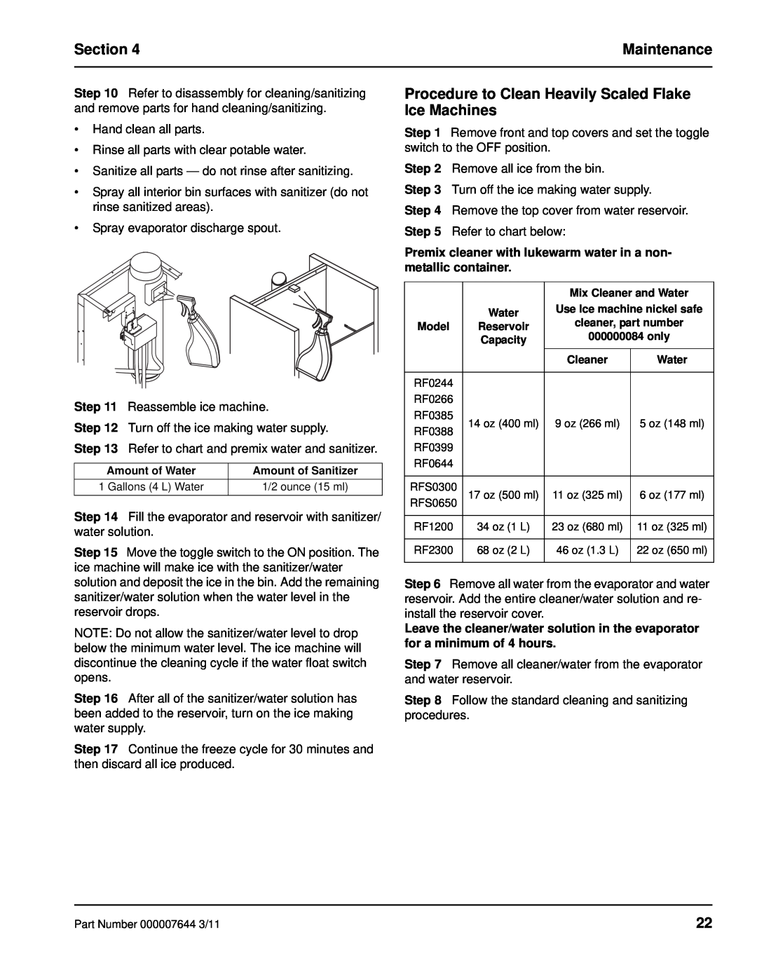 Manitowoc Ice RF manual Maintenance, Section 