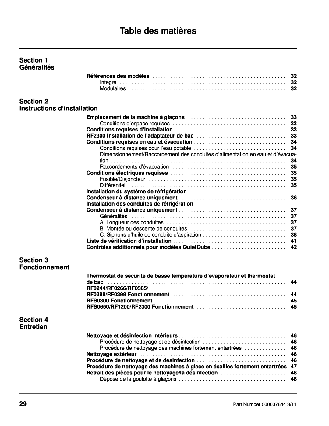 Manitowoc Ice RF Table des matières, Section Généralités, Section Instructions d’installation, Section Fonctionnement 