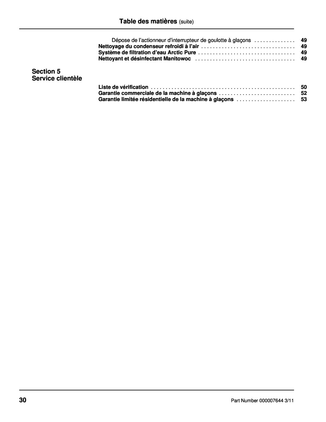 Manitowoc Ice RF manual Table des matières suite, Section Service clientèle 