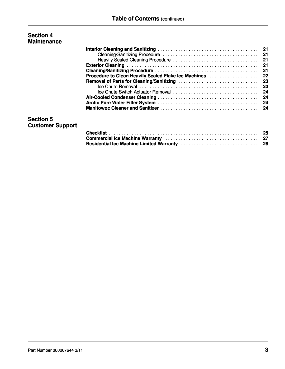 Manitowoc Ice RF manual Table of Contents continued Section Maintenance, Section Customer Support 
