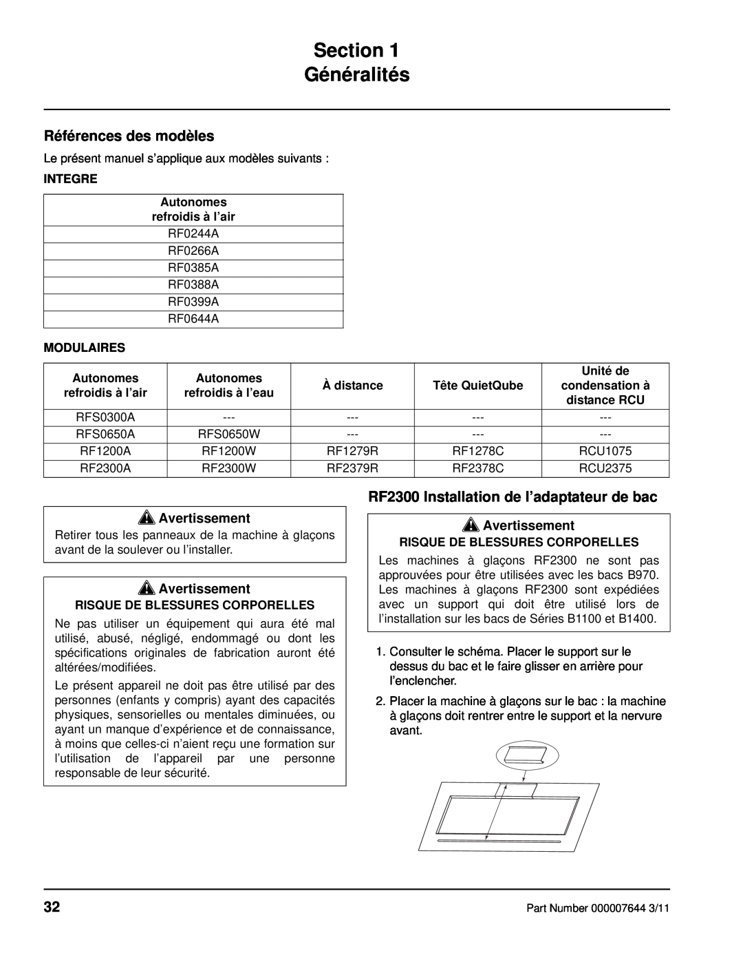 Manitowoc Ice Section Généralités, Références des modèles, RF2300 Installation de l’adaptateur de bac, Avertissement 