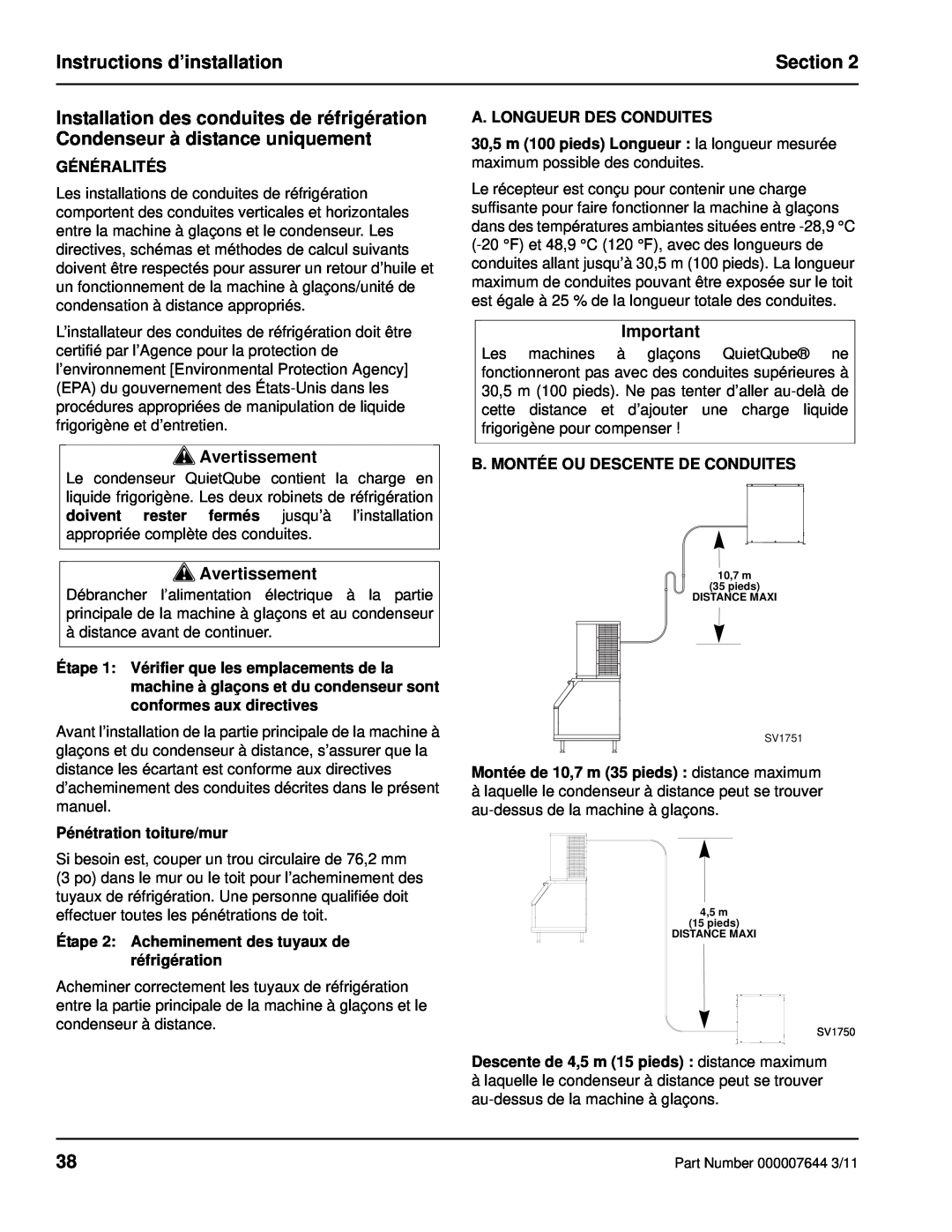 Manitowoc Ice RF manual Instructions d’installation, Section, Avertissement, Généralités, Pénétration toiture/mur 