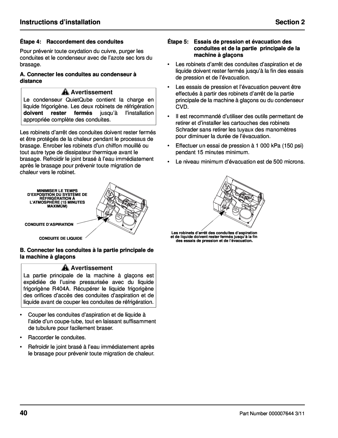 Manitowoc Ice RF manual Instructions d’installation, Section, Avertissement 