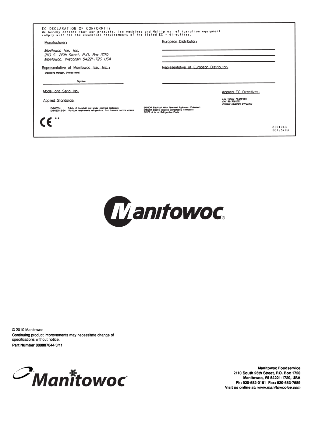 Manitowoc Ice RF manual Part Number 000007644 3/11, Manitowoc Foodservice, South 26th Street, P.O. Box 