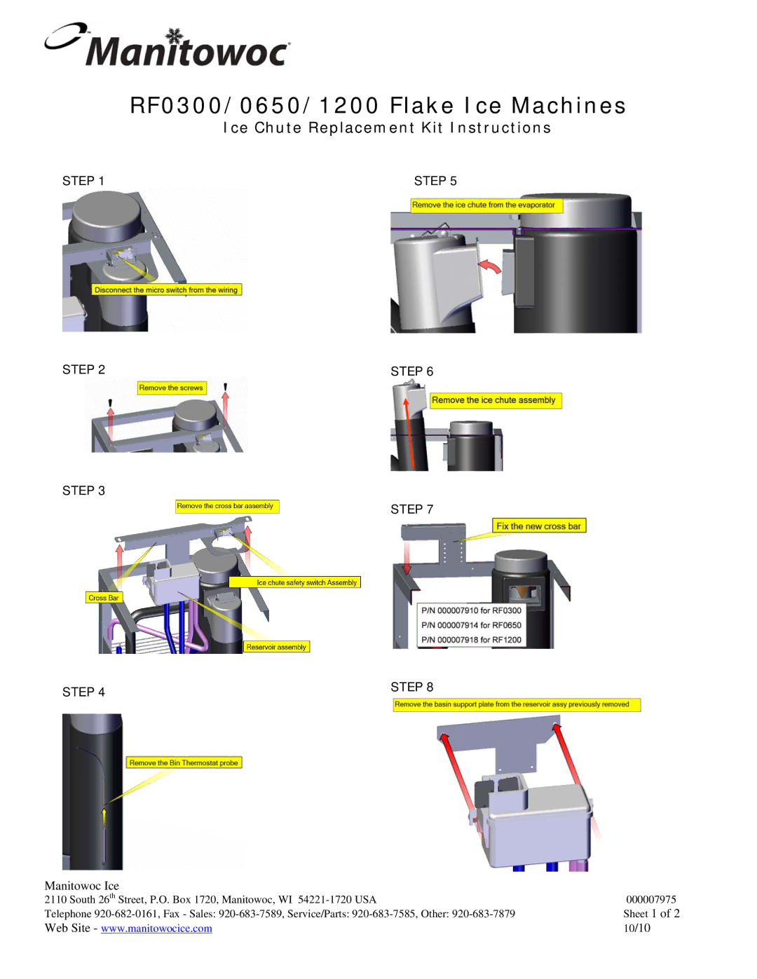 Manitowoc Ice RF0650 manual RF0300/0650/1200 Flake Ice Machines, Ice Chute Replacement Kit Instructions, Step, 10/10 