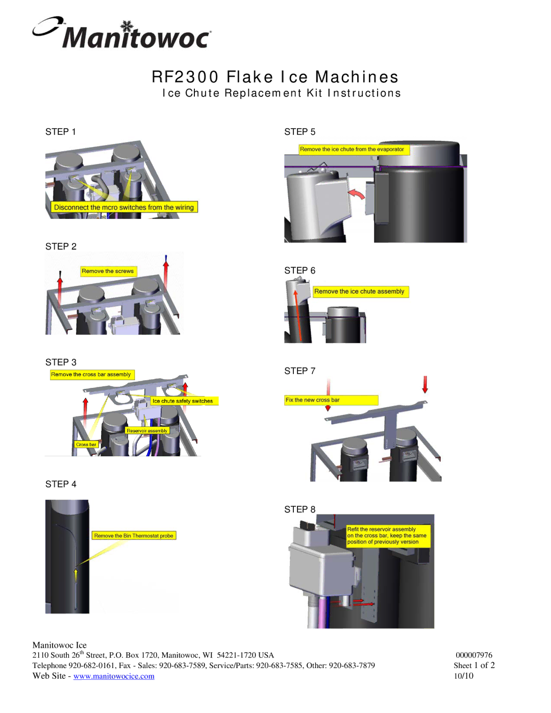 Manitowoc Ice manual RF2300 Flake Ice Machines, Ice Chute Replacement Kit Instructions, Step, Manitowoc Ice, 10/10 