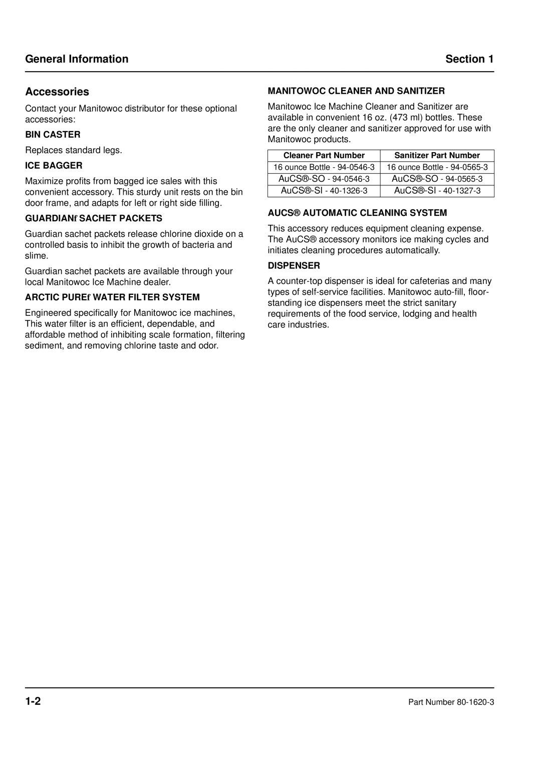 Manitowoc Ice manual General Information Section Accessories 