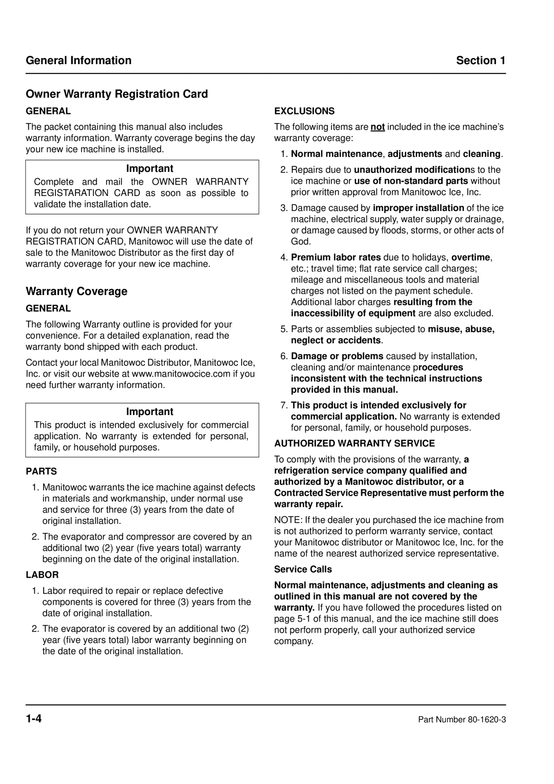 Manitowoc Ice S manual Warranty Coverage 