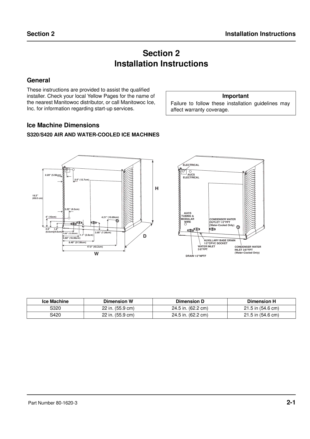 Manitowoc Ice manual General, Ice Machine Dimensions, S320/S420 AIR and WATER-COOLED ICE Machines 