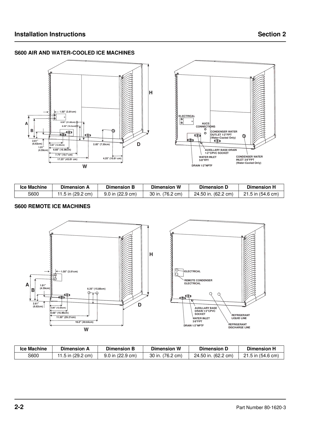 Manitowoc Ice manual Installation Instructions Section, S600 AIR and WATER-COOLED ICE Machines, S600 Remote ICE Machines 