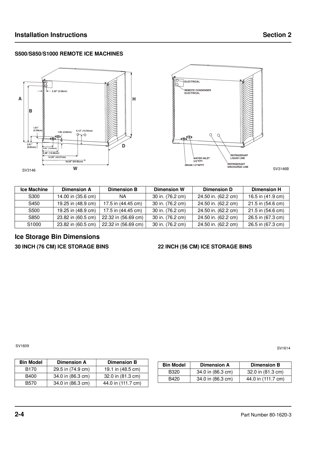 Manitowoc Ice manual Ice Storage Bin Dimensions, S500/S850/S1000 Remote ICE Machines, Bin Model Dimension a Dimension B 