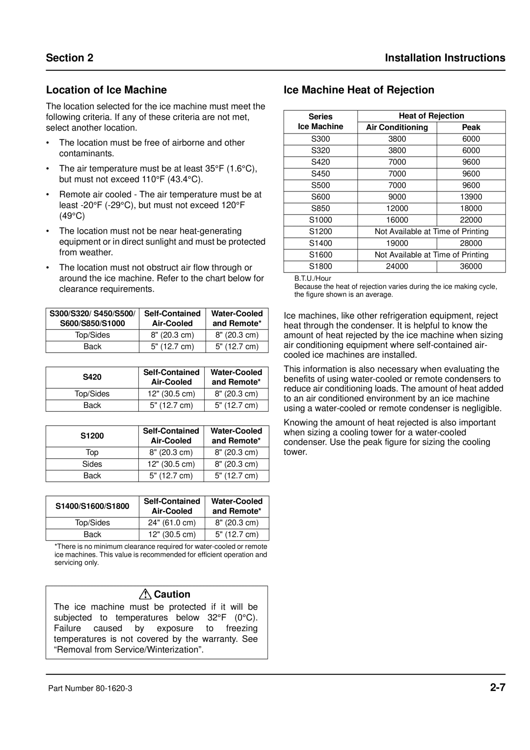 Manitowoc Ice manual Section Installation Instructions Location of Ice Machine, Ice Machine Heat of Rejection 