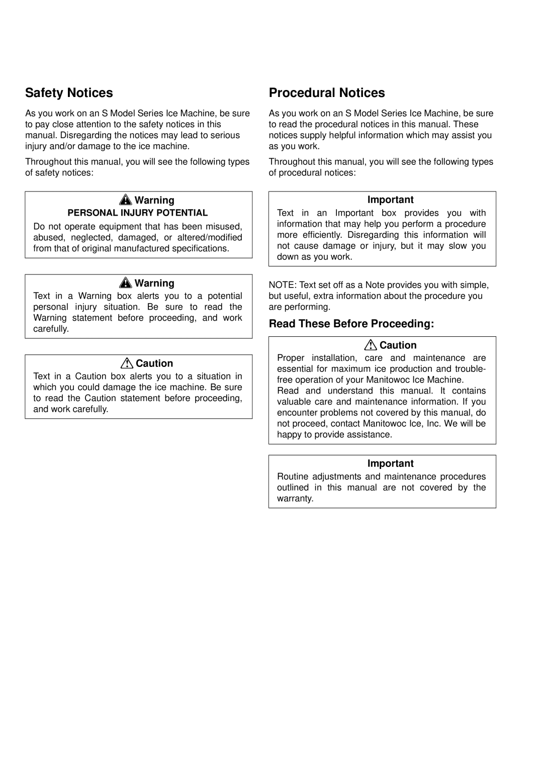 Manitowoc Ice S manual Read These Before Proceeding, Personal Injury Potential 