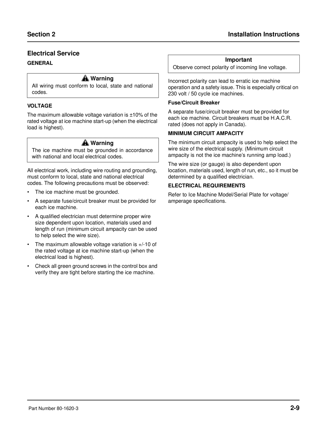 Manitowoc Ice manual Section Installation Instructions Electrical Service, Voltage, Fuse/Circuit Breaker 