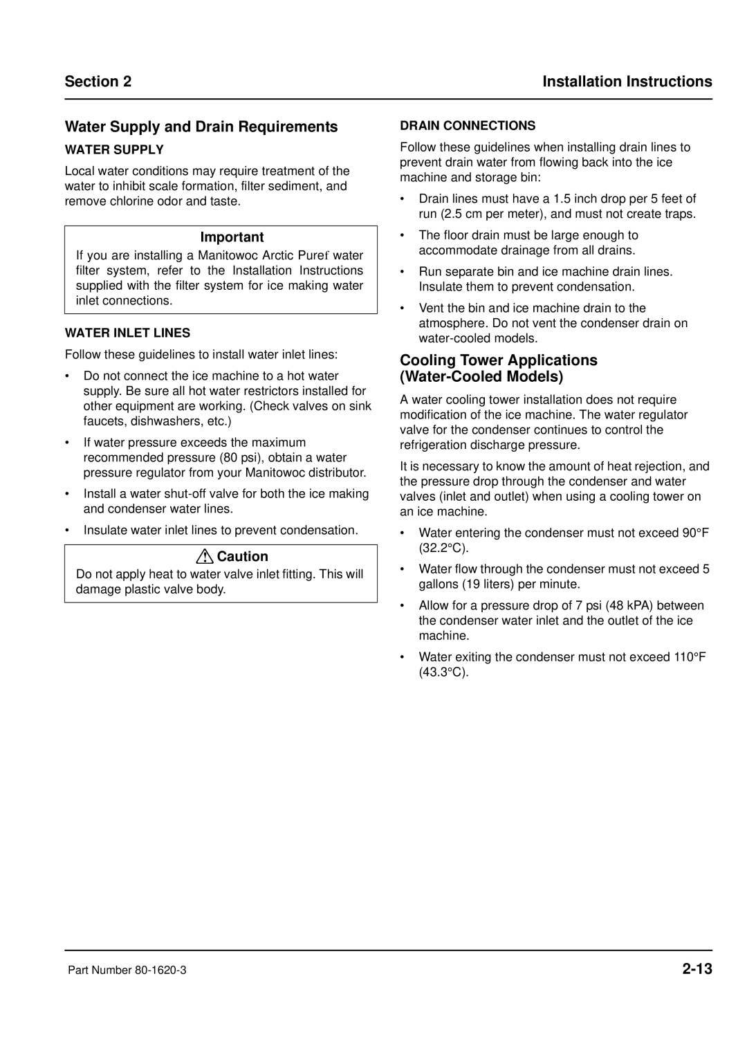 Manitowoc Ice manual Cooling Tower Applications Water-Cooled Models, Water Supply, Water Inlet Lines, Drain Connections 