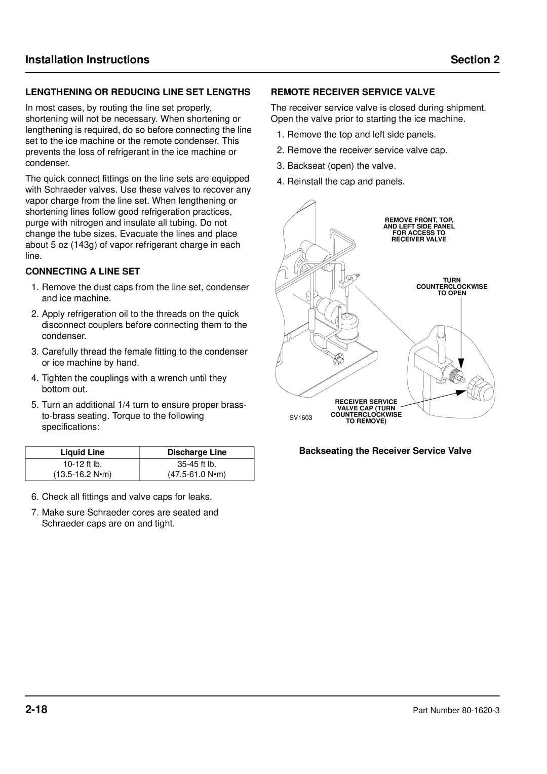 Manitowoc Ice manual Lengthening or Reducing Line SET Lengths, Connecting a Line SET, Remote Receiver Service Valve 