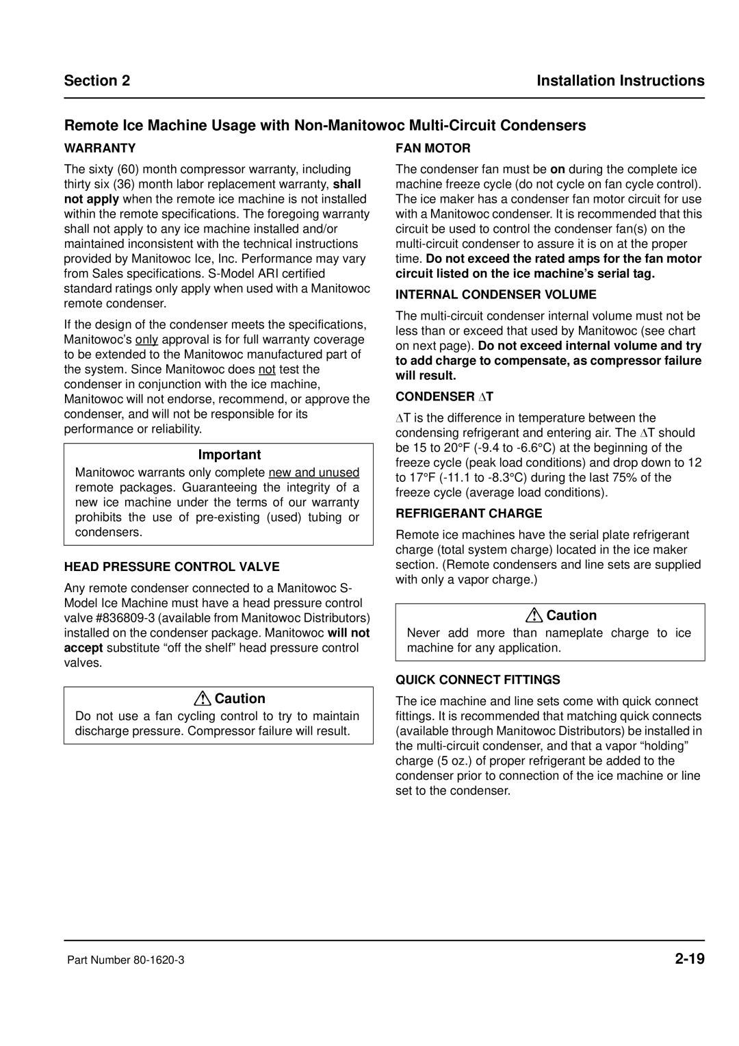 Manitowoc Ice S manual Warranty, Head Pressure Control Valve, FAN Motor, Internal Condenser Volume, Condenser ∆T 