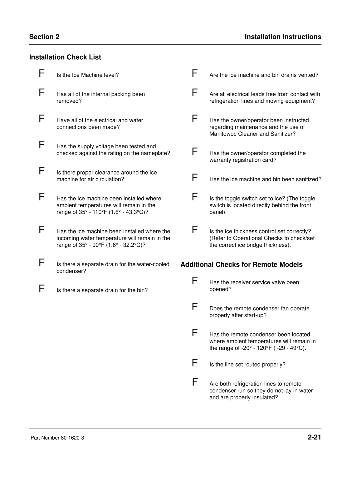 Manitowoc Ice manual Section Installation Instructions Installation Check List, Additional Checks for Remote Models 