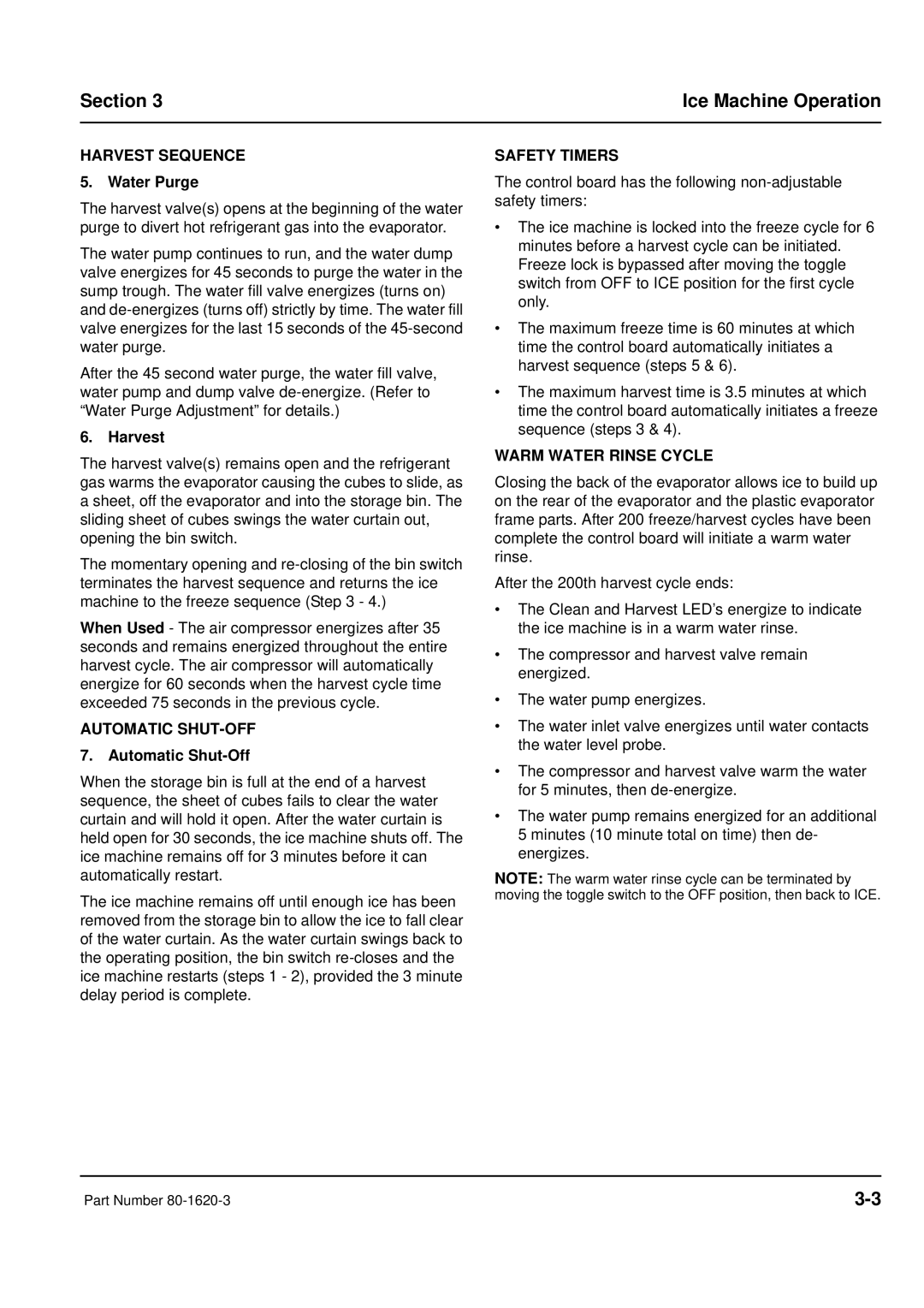 Manitowoc Ice manual Harvest Sequence 5. Water Purge, Automatic SHUT-OFF 7. Automatic Shut-Off, Safety Timers 