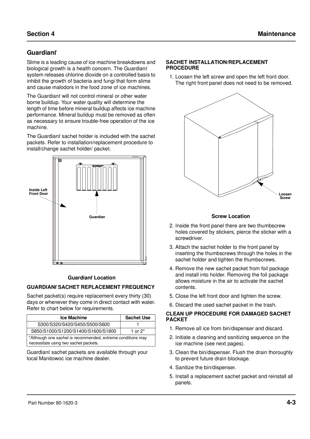 Manitowoc Ice Section Maintenance Guardianf, Guardianf Location GUARDIANf Sachet Replacement Frequency, Screw Location 