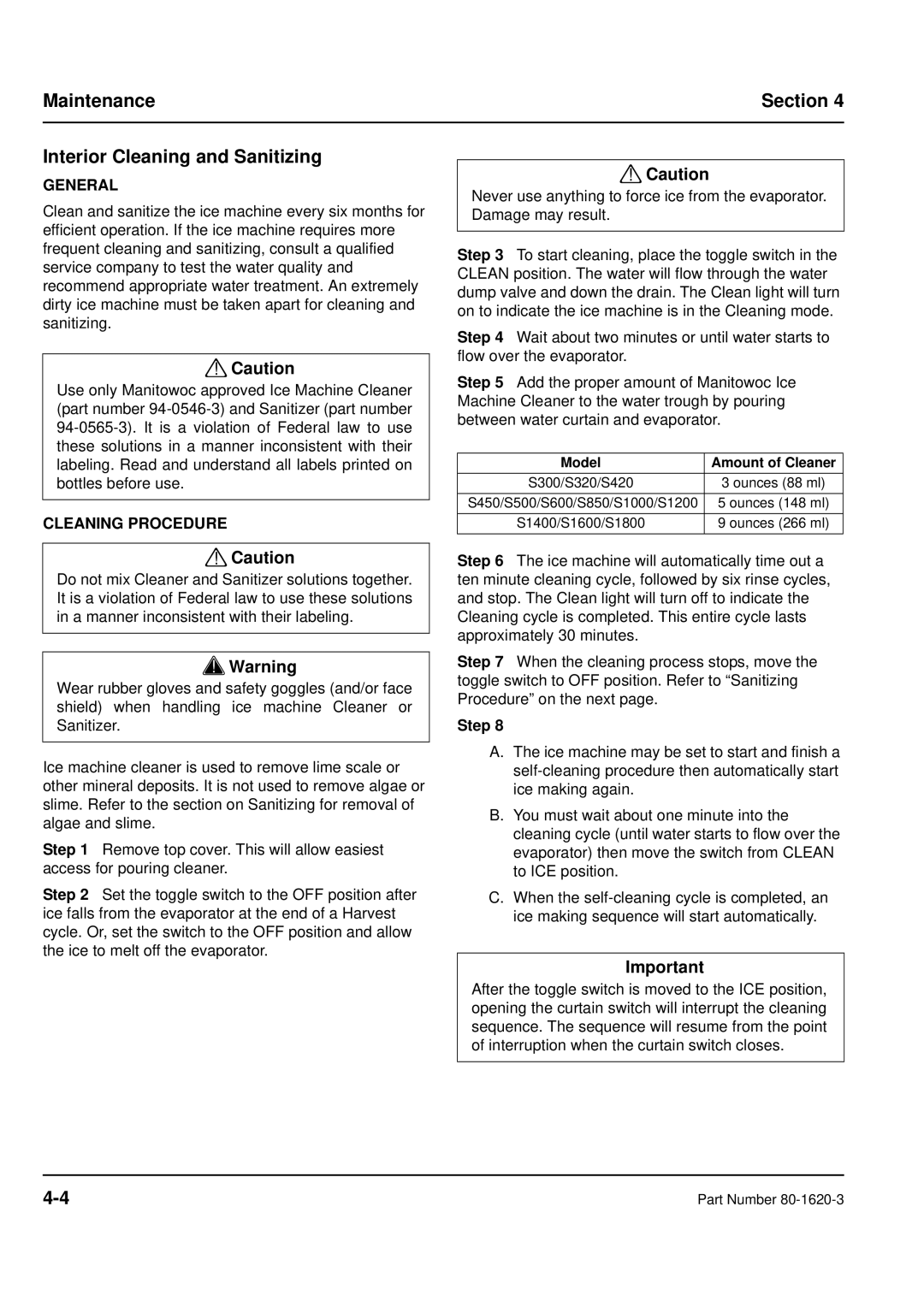 Manitowoc Ice Maintenance Section Interior Cleaning and Sanitizing, Cleaning Procedure, Step, Model Amount of Cleaner 