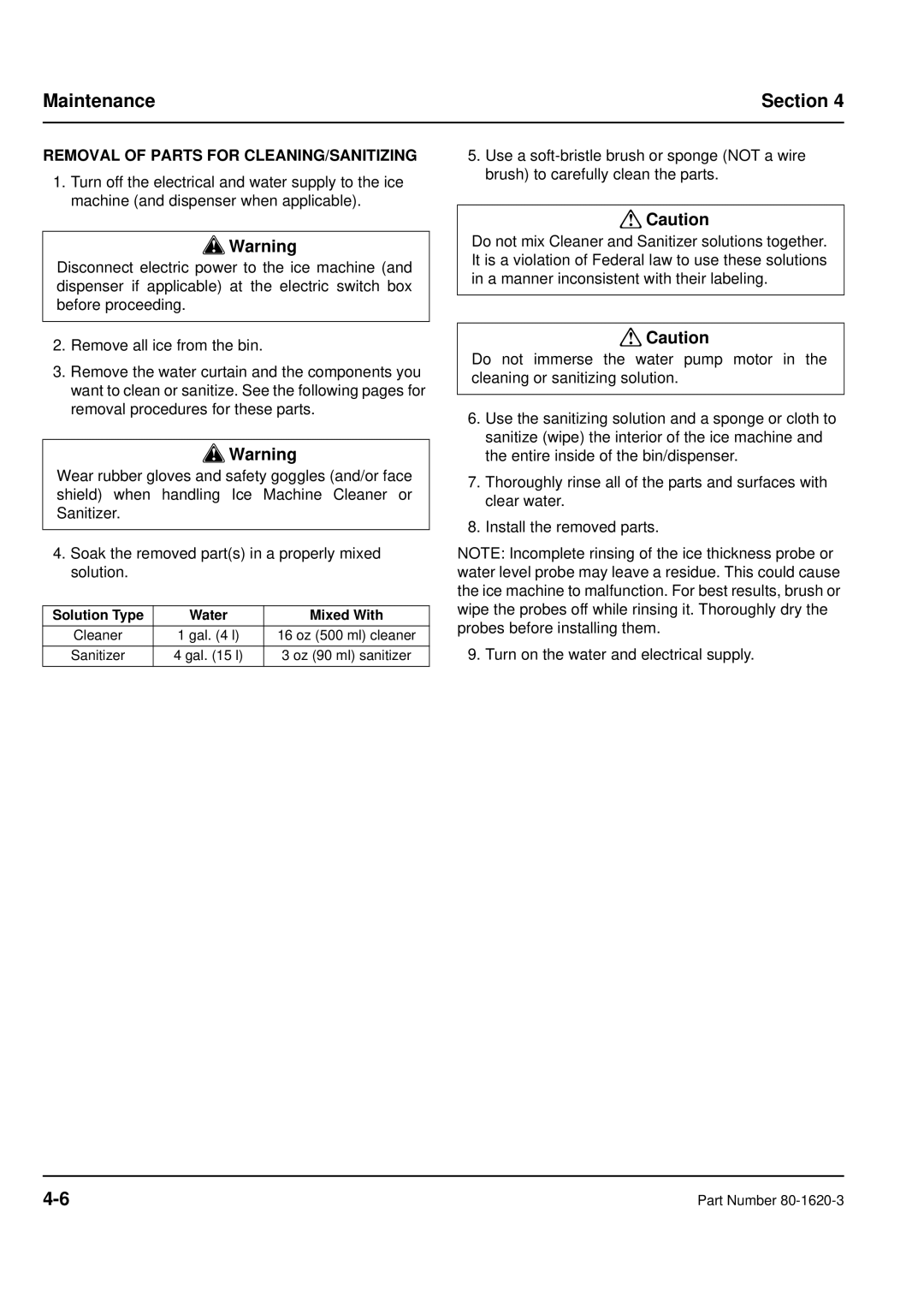 Manitowoc Ice manual Maintenance Section, Removal of Parts for CLEANING/SANITIZING 