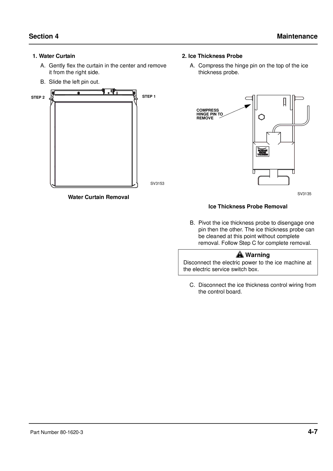 Manitowoc Ice S manual Water Curtain Removal Ice Thickness Probe, Ice Thickness Probe Removal 