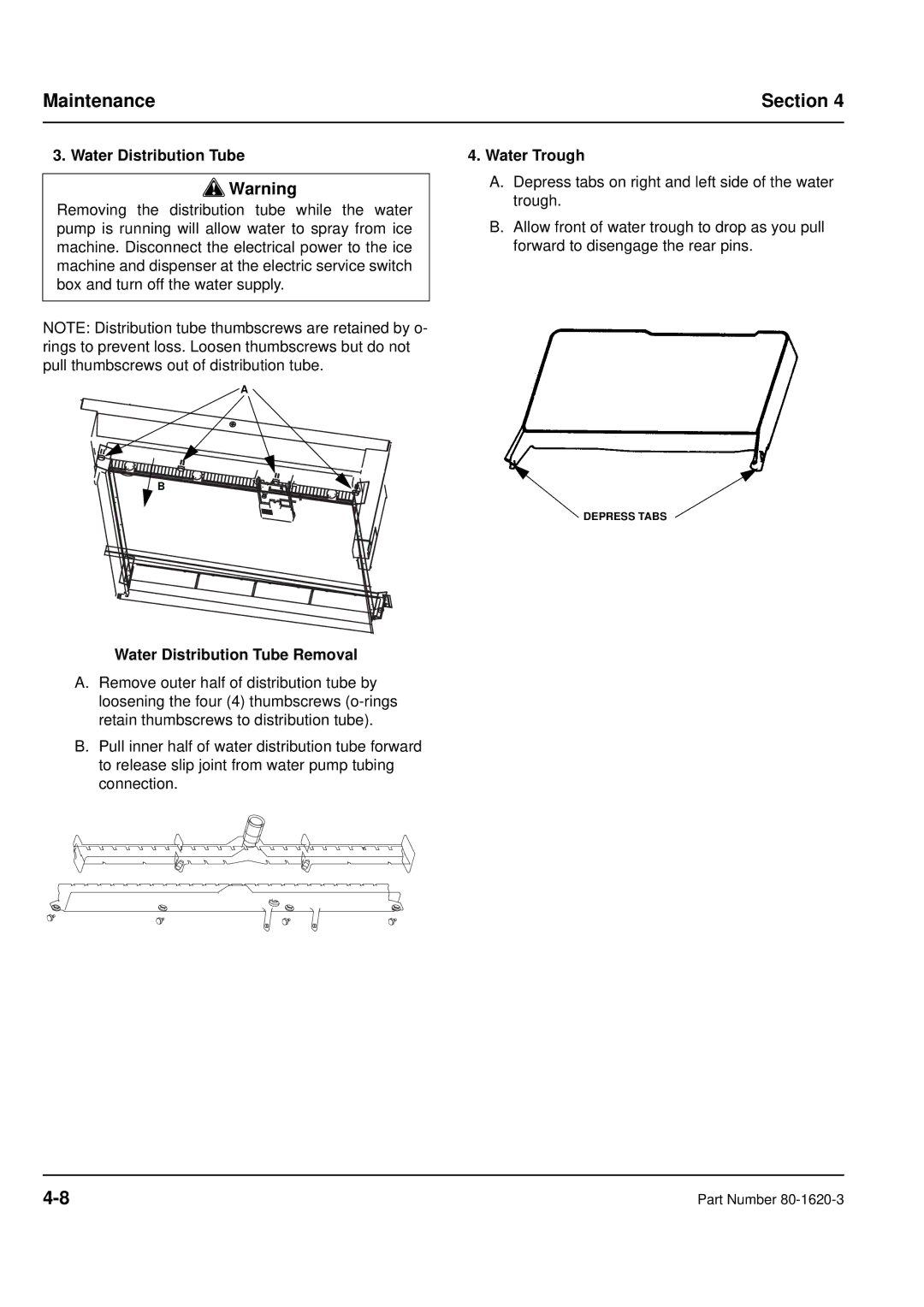 Manitowoc Ice S manual Water Trough, Water Distribution Tube Removal 