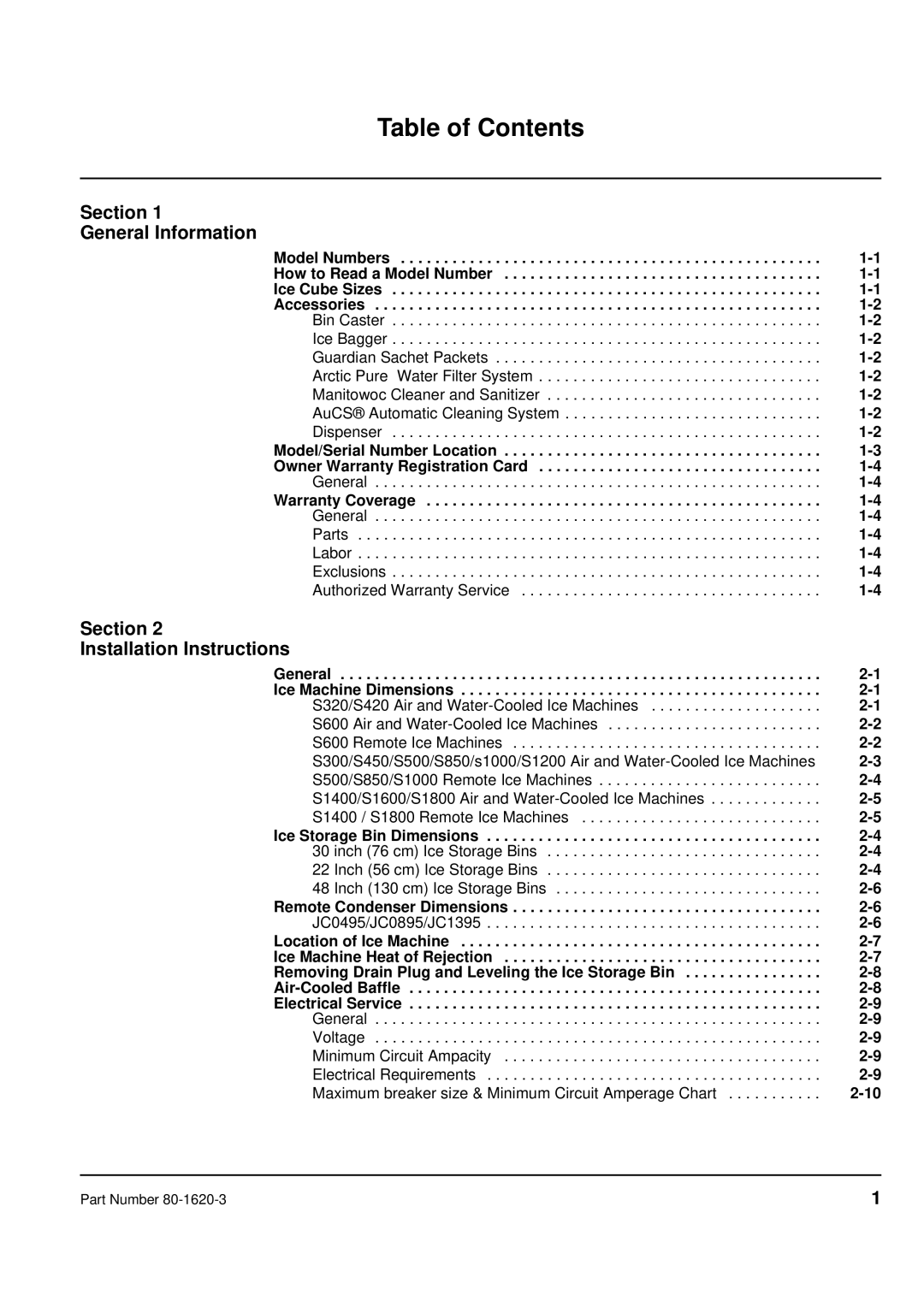 Manitowoc Ice S manual Table of Contents 