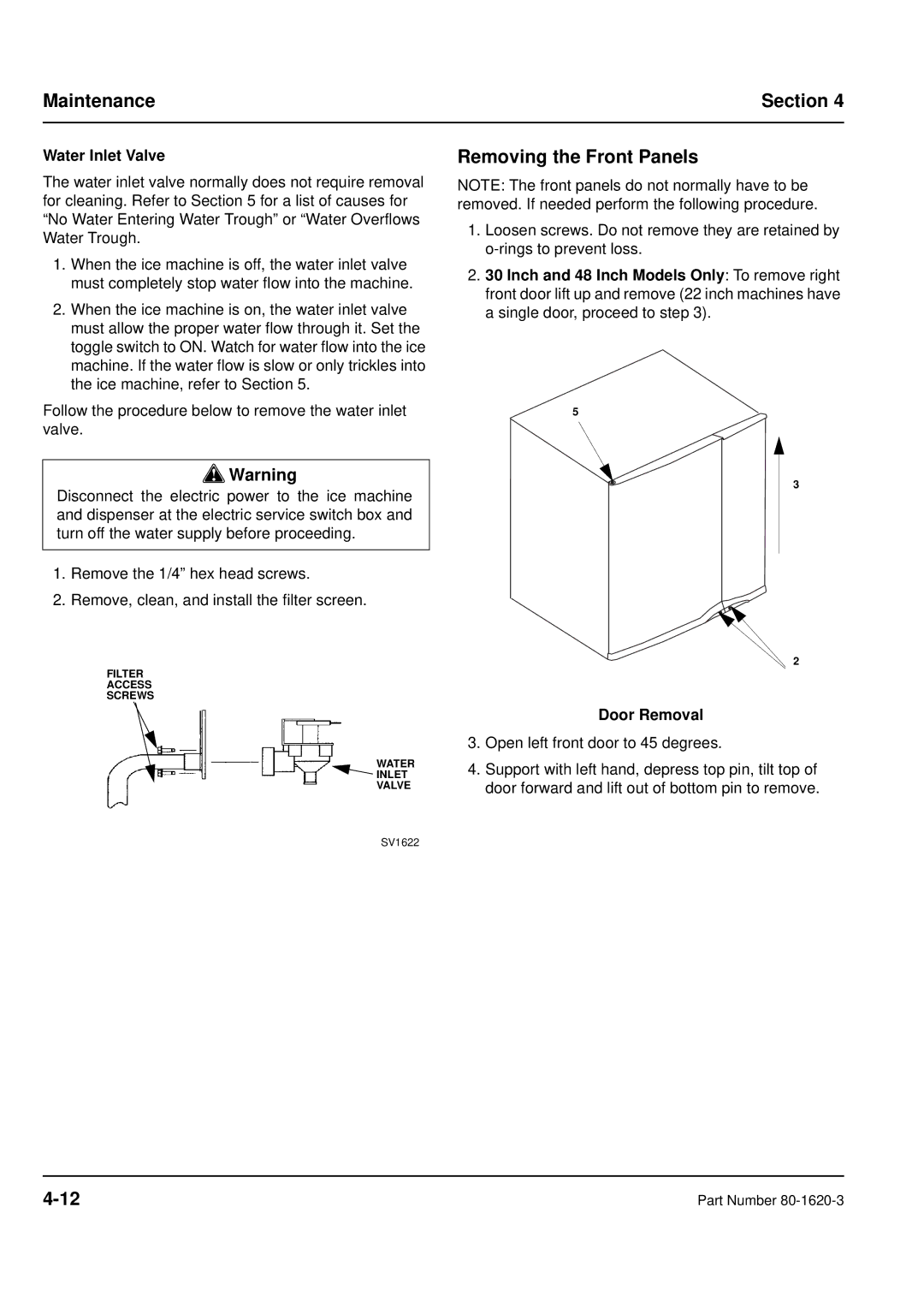 Manitowoc Ice S manual Removing the Front Panels, Water Inlet Valve 