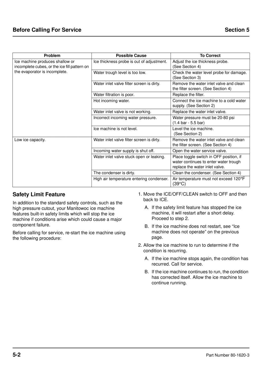 Manitowoc Ice manual Before Calling For Service Section, Safety Limit Feature 