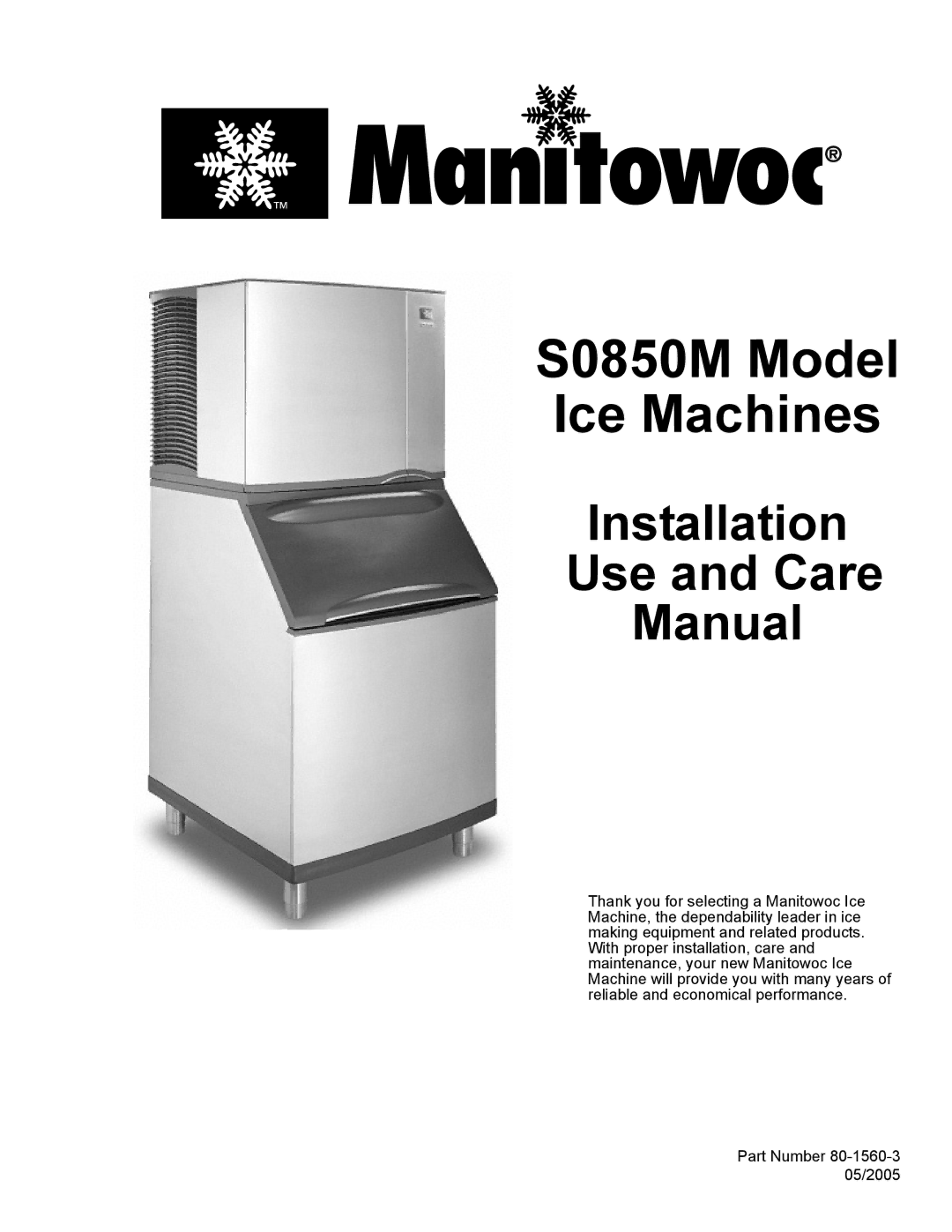 Manitowoc Ice manual S0850M Model Ice Machines 