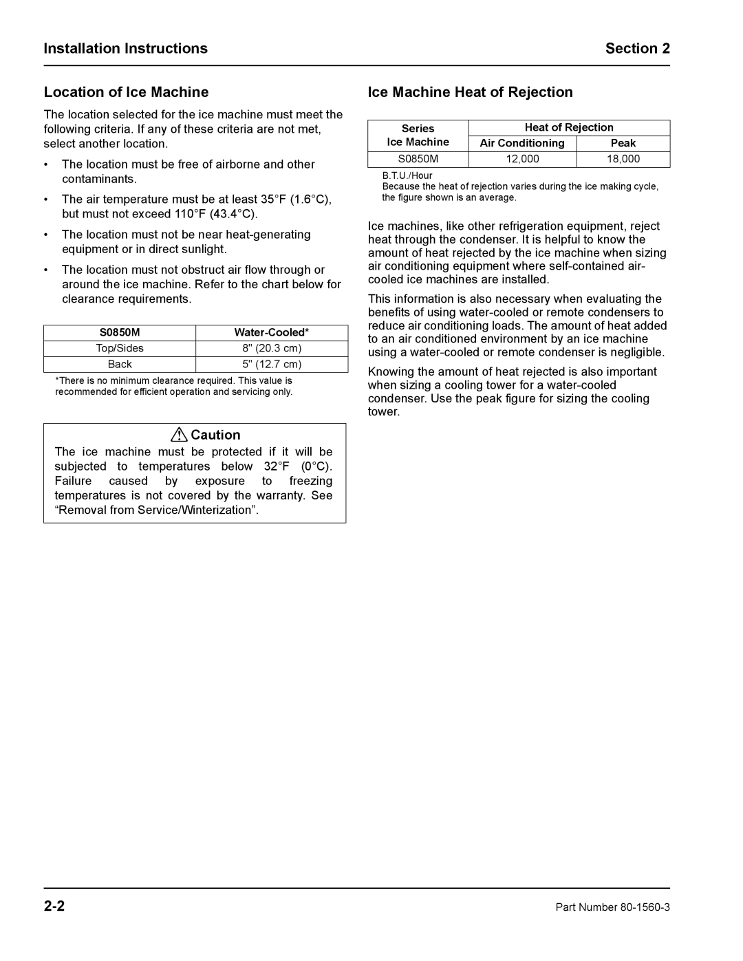 Manitowoc Ice S0850M manual Installation Instructions Section Location of Ice Machine, Ice Machine Heat of Rejection 