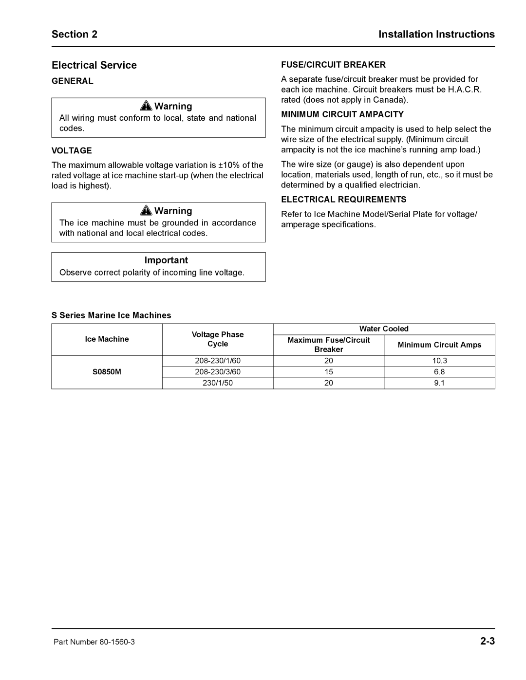 Manitowoc Ice S0850M manual Section Installation Instructions Electrical Service, Voltage, FUSE/CIRCUIT Breaker 