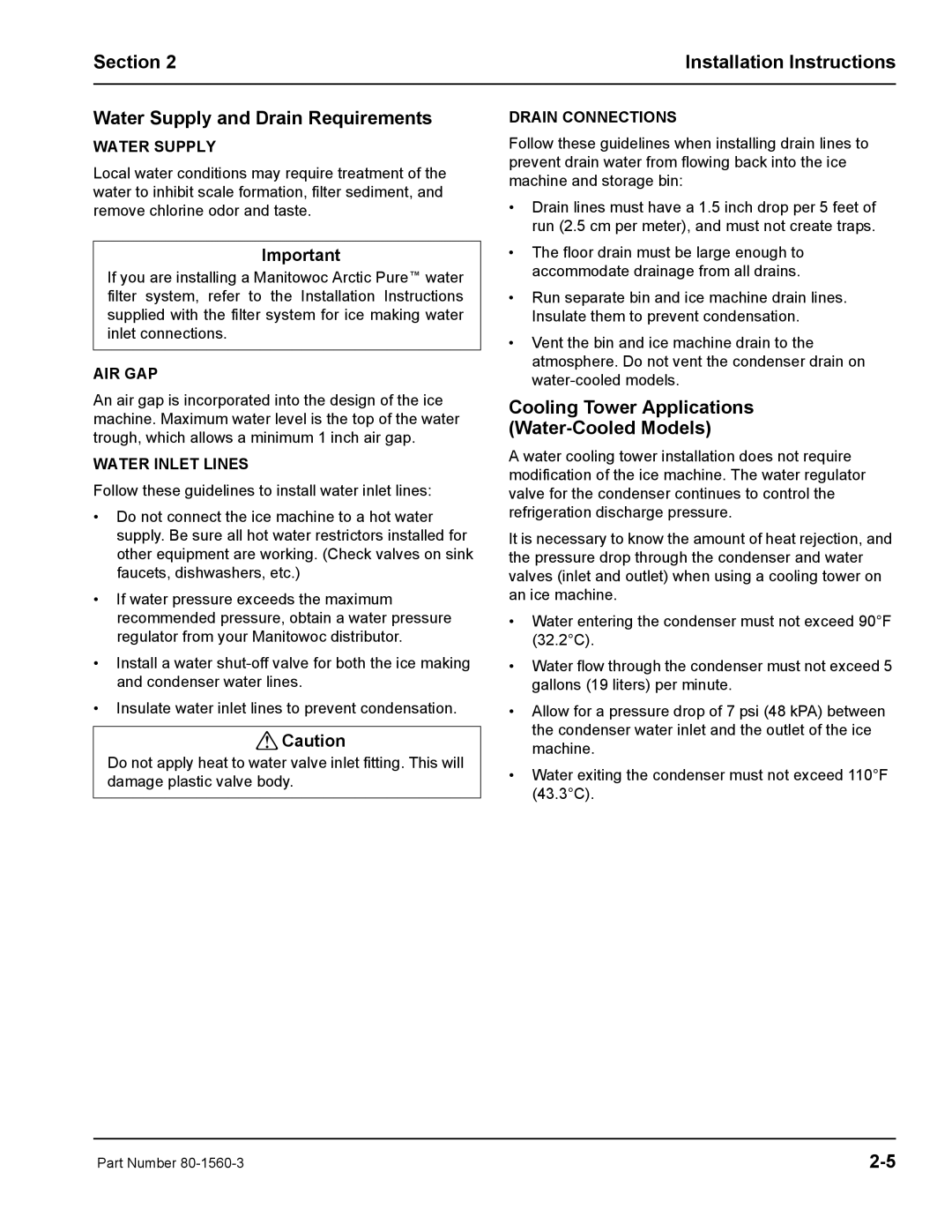 Manitowoc Ice S0850M manual Cooling Tower Applications Water-Cooled Models, Water Supply, Air Gap, Water Inlet Lines 