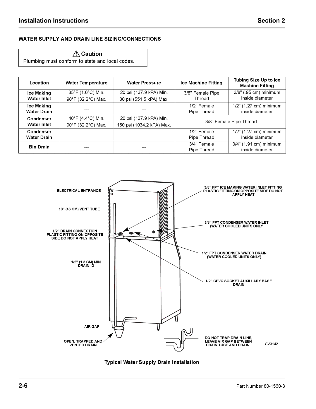 Manitowoc Ice S0850M manual Installation Instructions Section, Water Supply and Drain Line SIZING/CONNECTIONS 