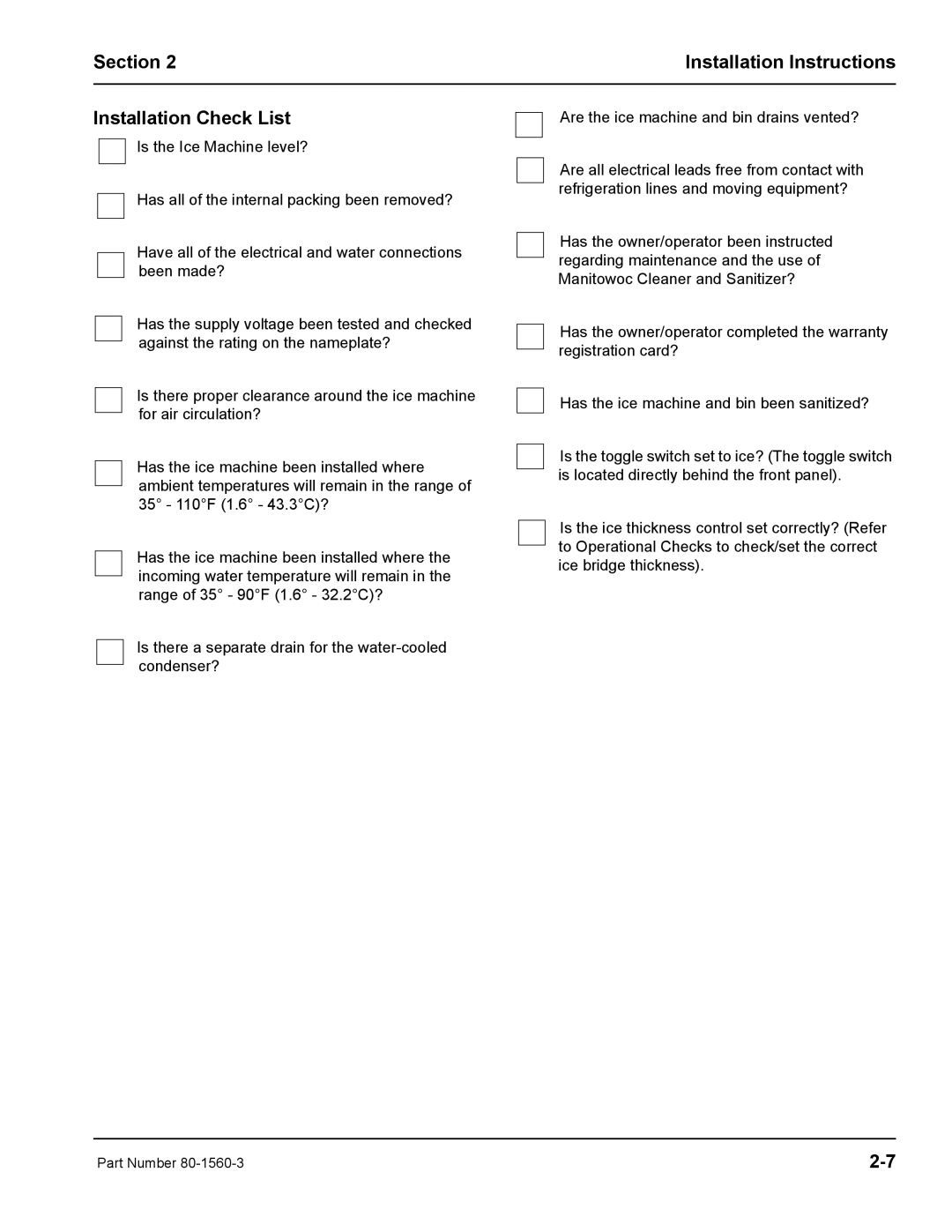 Manitowoc Ice S0850M manual Section Installation Instructions Installation Check List 