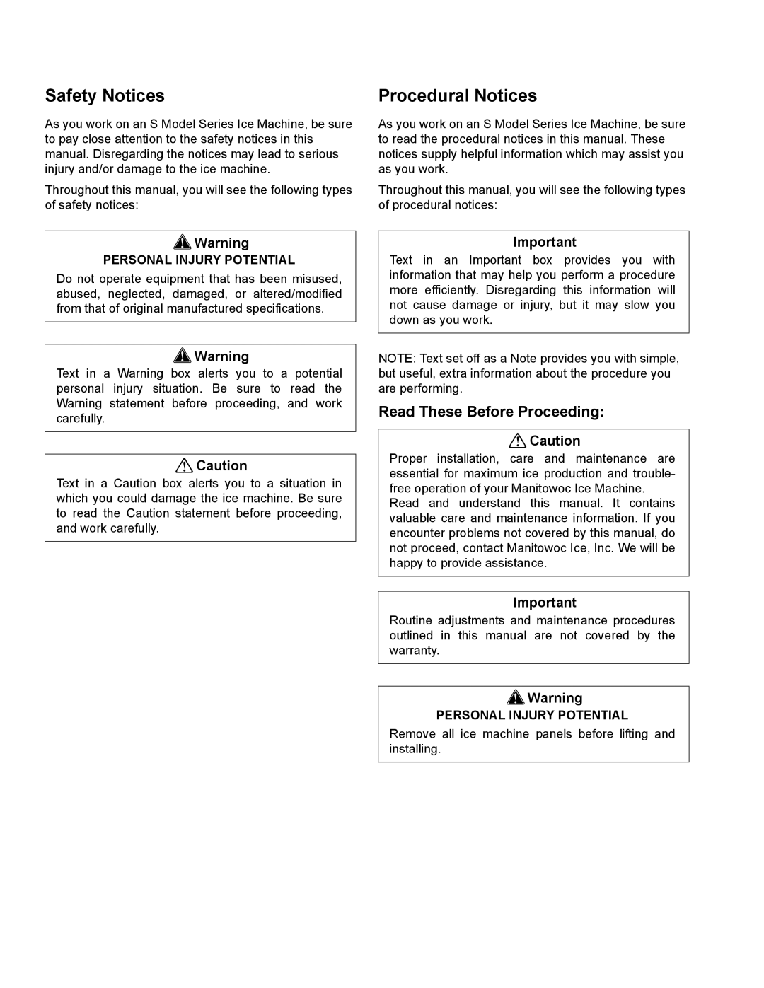 Manitowoc Ice S0850M manual Read These Before Proceeding, Personal Injury Potential 