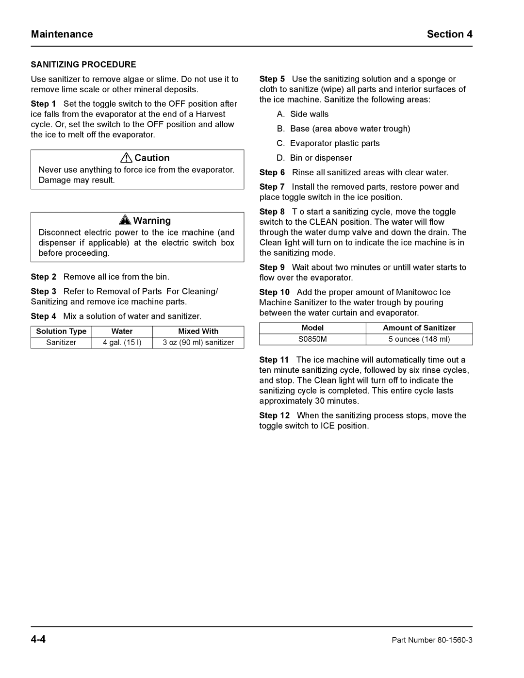 Manitowoc Ice S0850M manual Maintenance Section, Sanitizing Procedure 