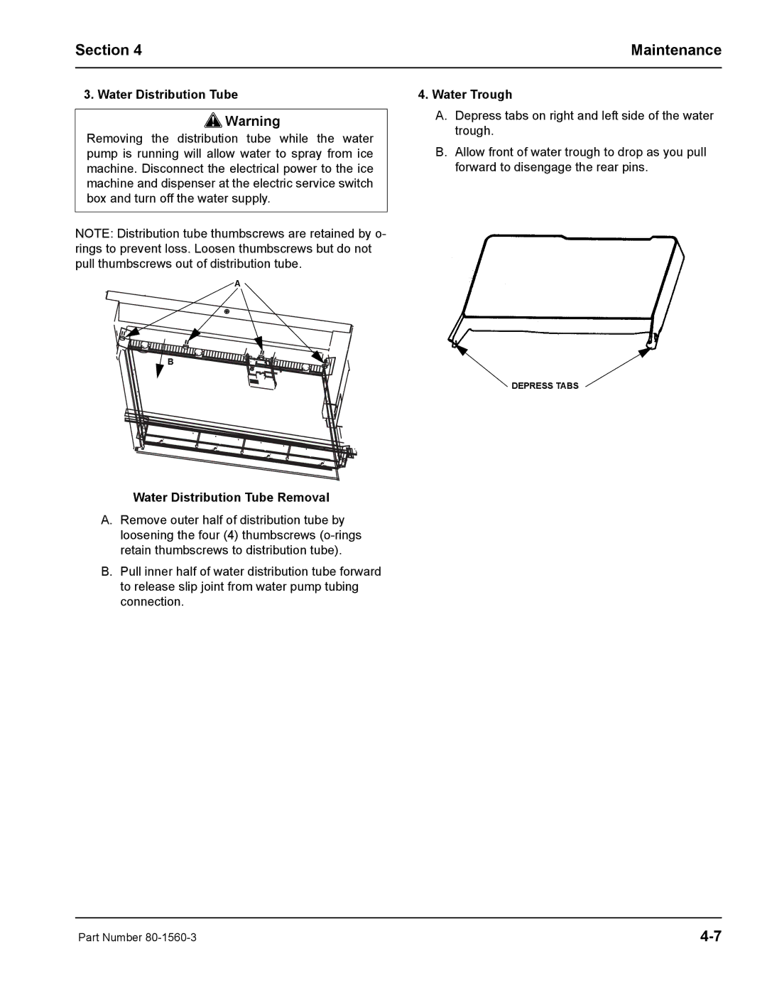 Manitowoc Ice S0850M manual Water Trough, Water Distribution Tube Removal 