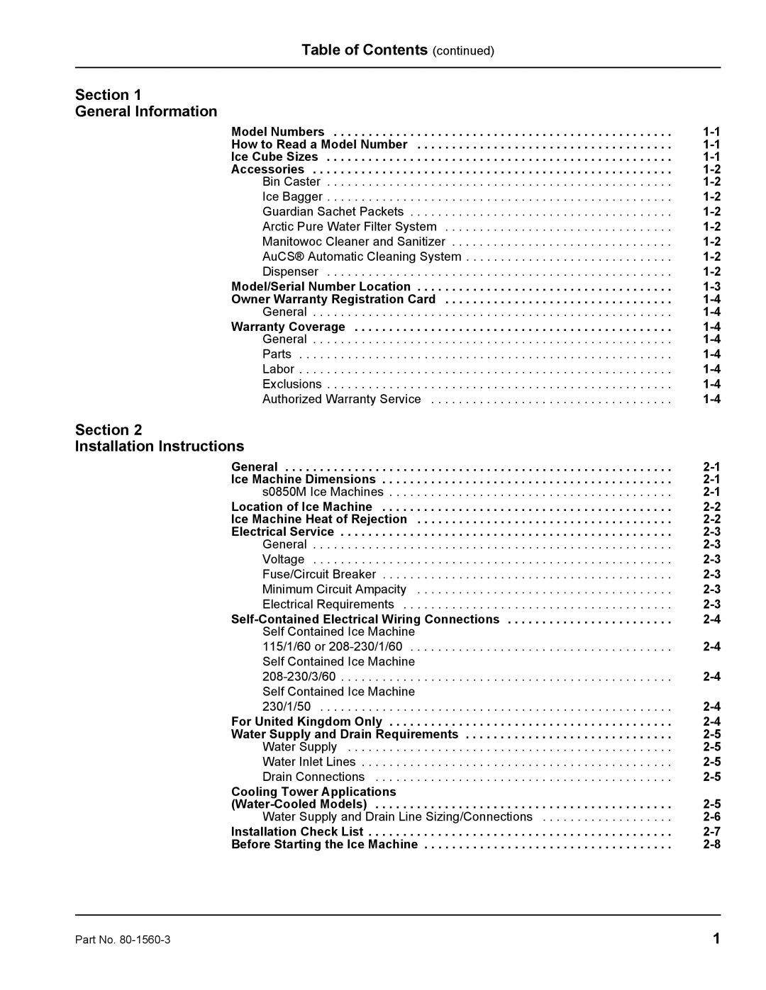 Manitowoc Ice S0850M manual Table of Contents Section General Information, Section Installation Instructions 